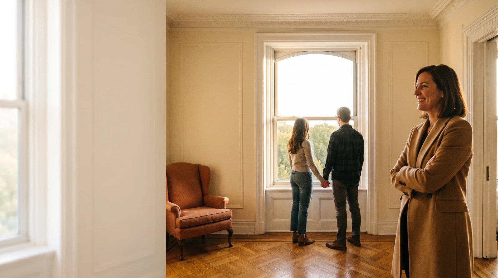 A smiling agent in a camel coat standing in an empty prewar apartment with parquet floors while a couple holds hands at a tall window