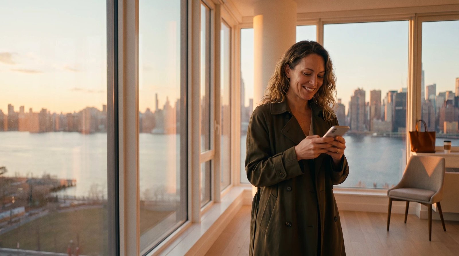 A smiling woman in an olive trench coat reading a message on her phone in an empty high-rise apartment, with the Manhattan skyline across the river at sunset